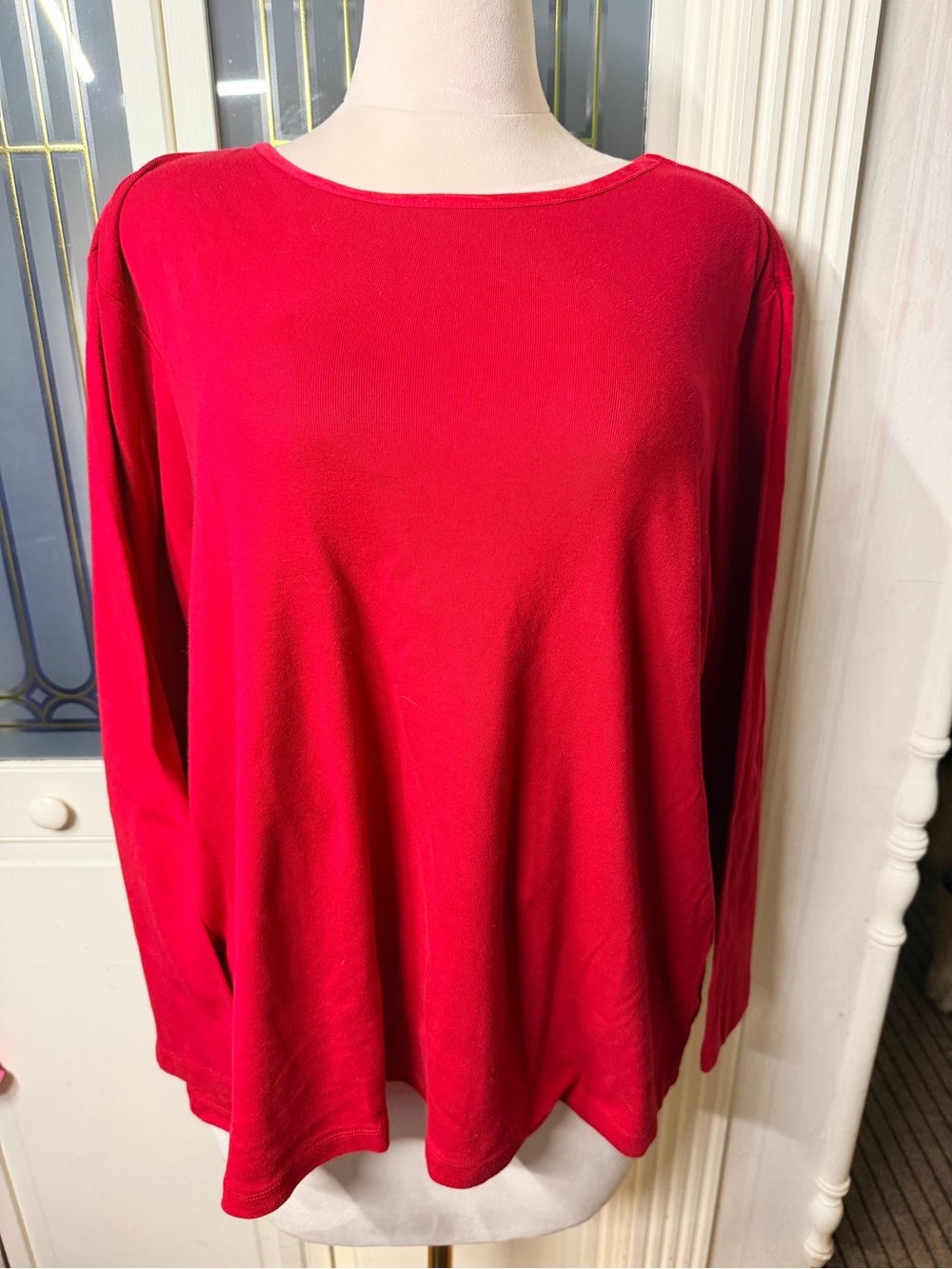 CJ Banks Women’s 2X Red 100% Cotton Long Sleeve Boat Neck Top Plus Size Preppy